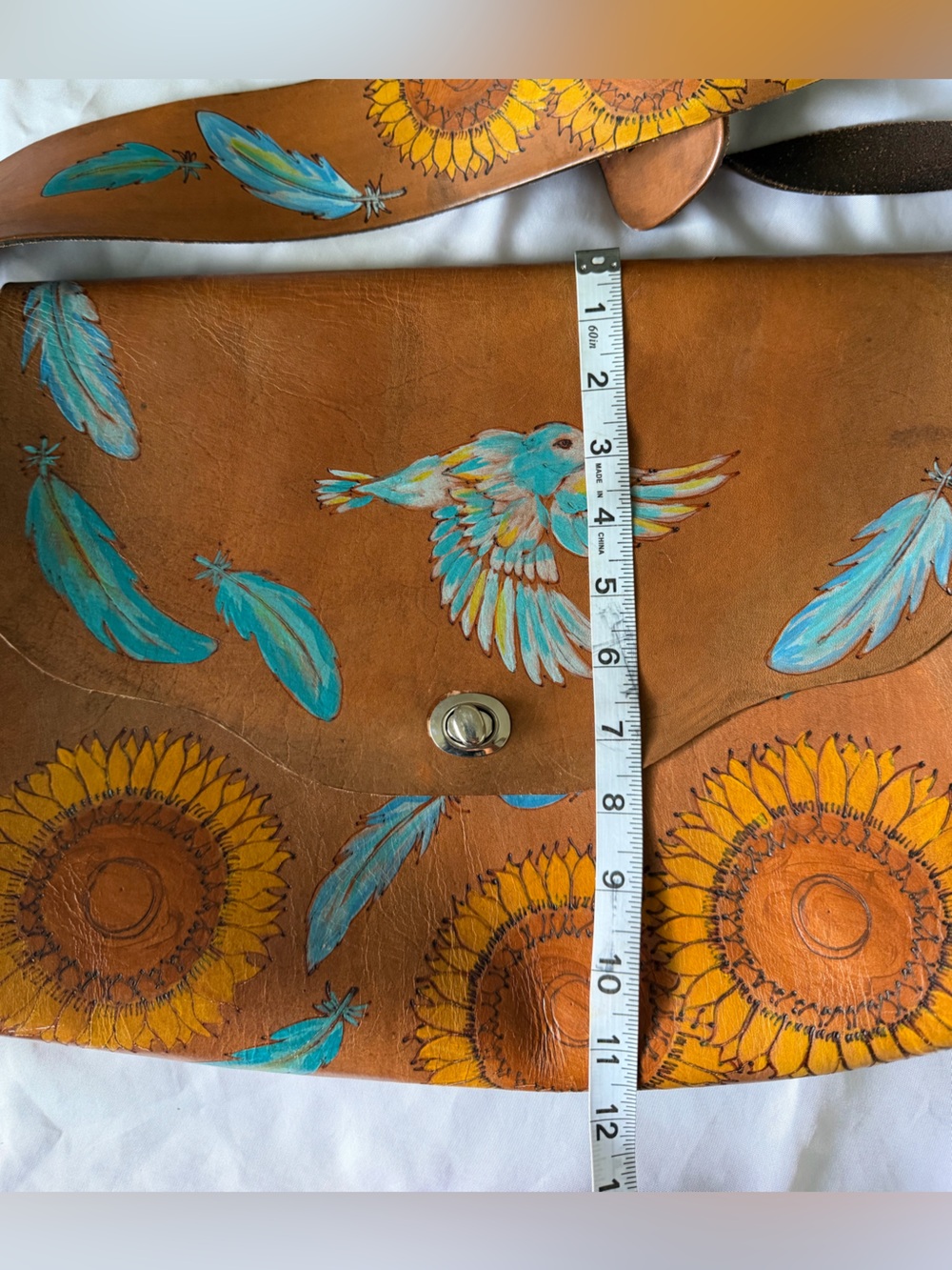 Moxie and Oliver Leather Crossbody Bag with Turquoise Bird & Sunflowers - Picture 14 of 16